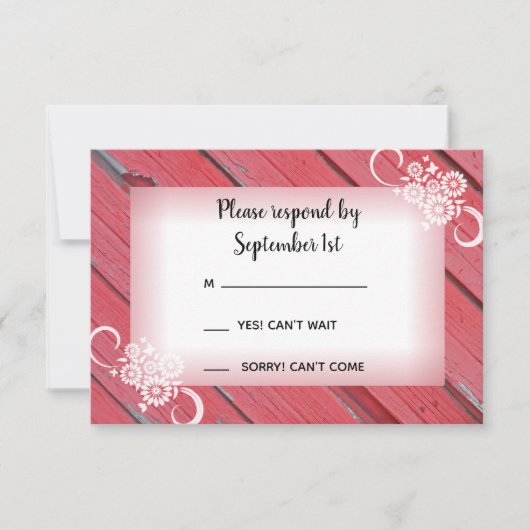 Cartons Réponse Mariage campagnard en bois de grange rouge et fleu (Devant)