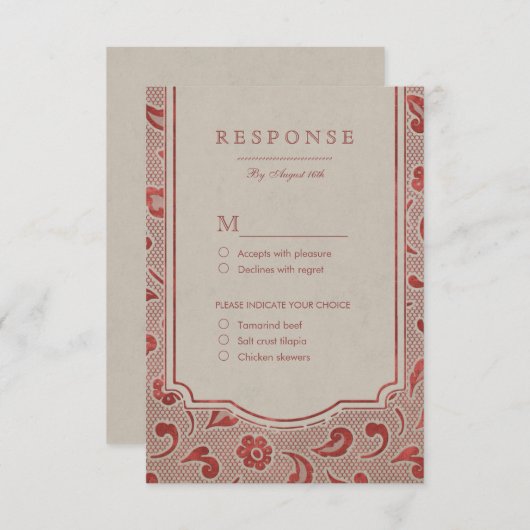 Cartons Réponse Mariage campagnard rustique en dentelle rouge Kraf (Devant / Derrière)