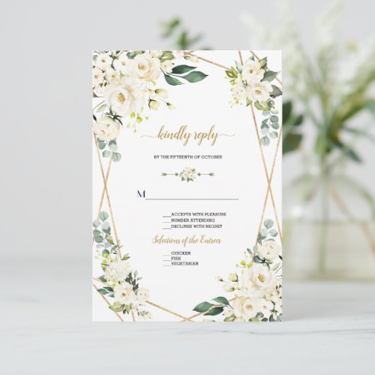 Cartons Réponse Mariage Charmant Aquarelle Fleurs Blanches Or (Debout devant)