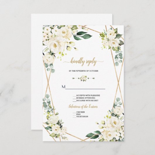 Cartons Réponse Mariage Charmant Aquarelle Fleurs Blanches Or (Devant / Derrière)