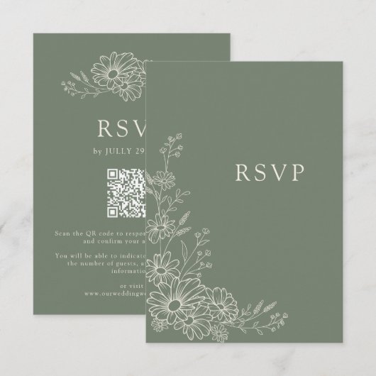 Cartons Réponse Mariage chic avec code QR botanique Daisy vert sau (Devant / Derrière)
