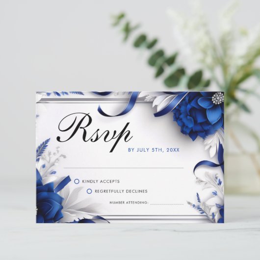 Cartons Réponse Mariage Chic Bleu Nuit & Fleurs Argentées Rubans (Debout devant)