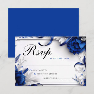 Cartons Réponse Mariage Chic Bleu Nuit & Fleurs Argentées Rubans