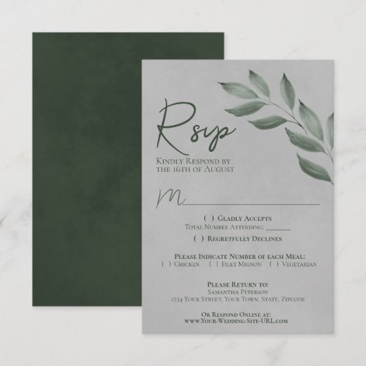 Cartons Réponse Mariage chic et vert de la forêt Feuille (Devant / Derrière)