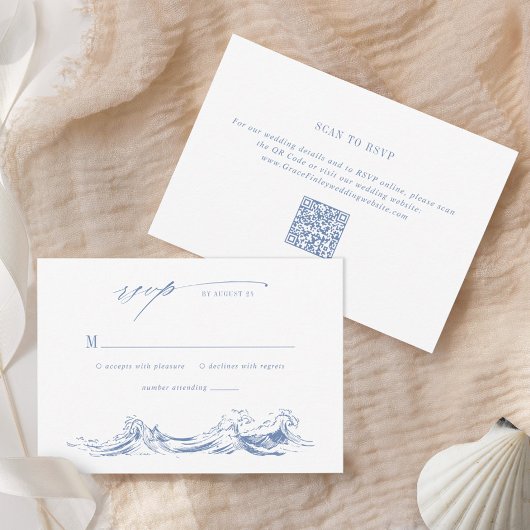 Cartons Réponse Mariage chic moderne côtier bleu avec QR Code