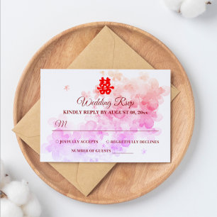 Cartons Réponse Mariage chinois rouge aquarelle cerisier en fleurs