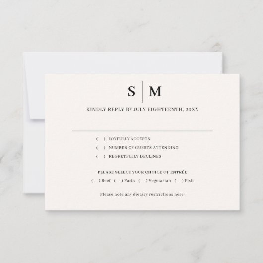 Cartons Réponse Mariage Classique Monogramme Simple Blanc Ivoire (Devant)