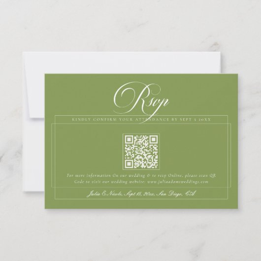 Cartons Réponse Mariage classique vert ivoire calligraphie code QR (Devant)