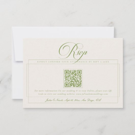 Cartons Réponse Mariage Classique Vert Ivoire Calligraphie QR Code (Devant)