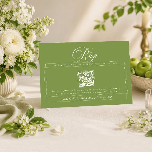 Cartons Réponse Mariage Classique Vert Ivoire Calligraphie QR Code