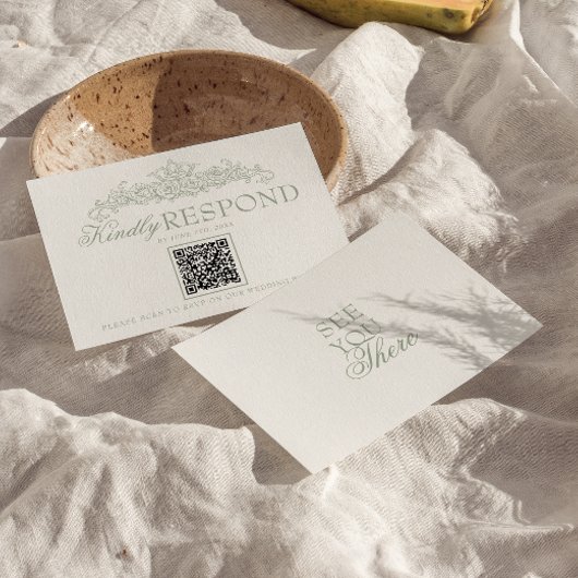 Cartons Réponse Mariage Code QR Argent Vieilli Vert Sauge