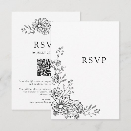 Cartons Réponse Mariage code QR botanique Daisy noir et blanc (Devant / Derrière)