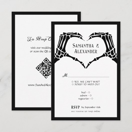 Cartons Réponse Mariage Code QR de Mains de Squelette Gothique Jus (Devant / Derrière)