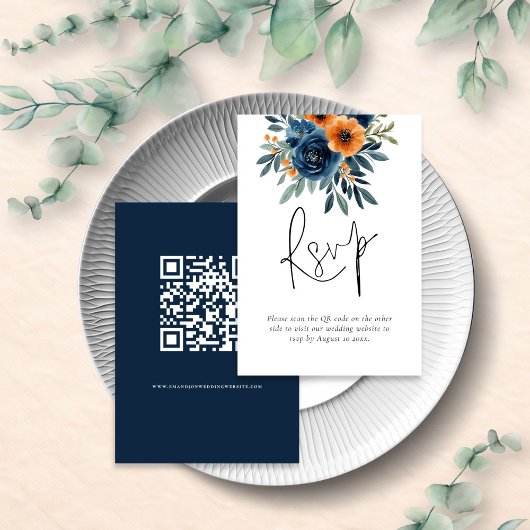 Cartons Réponse Mariage Code QR Fleurs Orange Brûlé Bleu Marine