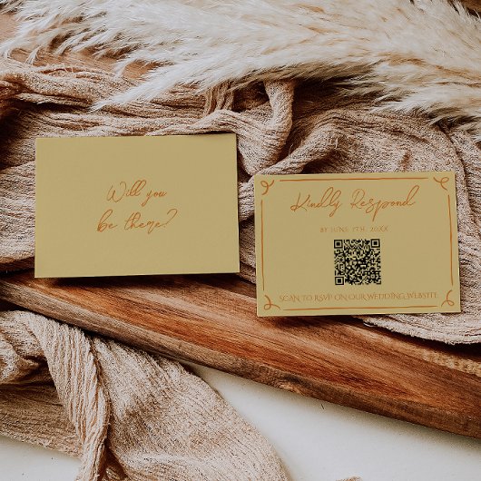 Cartons Réponse Mariage Code QR Manuscrit Orange Jaune Rétro