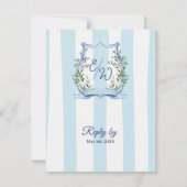 Cartons Réponse Mariage Code QR Monogramme Jardin à Rayure Bleue (Devant)