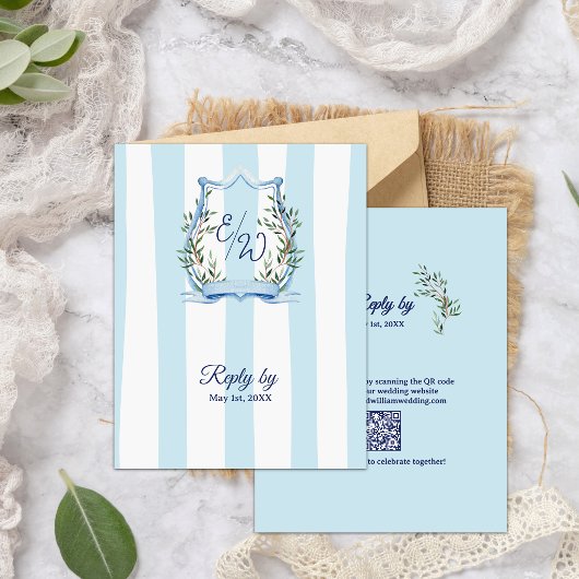 Cartons Réponse Mariage Code QR Monogramme Jardin à Rayure Bleue