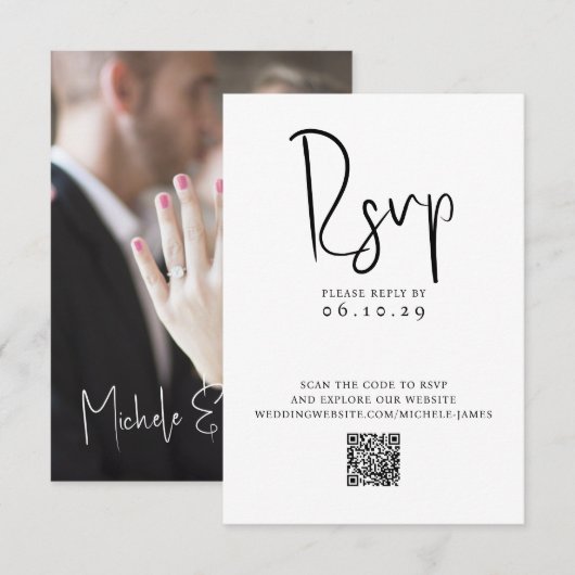 Cartons Réponse Mariage Code QR Photo Typographie Script Minimal (Devant / Derrière)