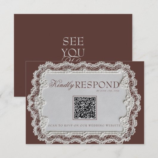 Cartons Réponse Mariage Code QR Rétro Dentelle Brun Chocolat Vinta (Devant / Derrière)