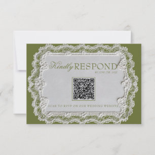 Cartons Réponse Mariage Code QR Rétro en Dentelle Vert Olive Vinta