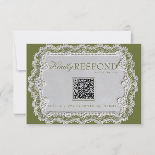 Cartons Réponse Mariage Code QR Rétro en Dentelle Vert Olive Vinta (Devant)