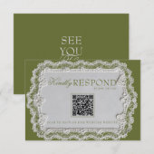 Cartons Réponse Mariage Code QR Rétro en Dentelle Vert Olive Vinta (Devant / Derrière)