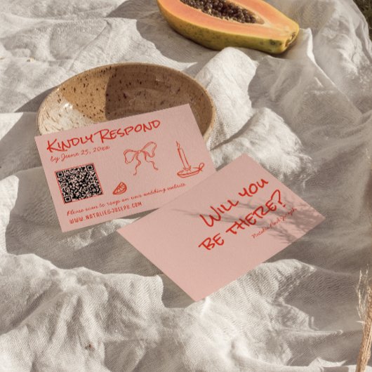 Cartons Réponse Mariage Code QR Rose Rouge Unique Dessiné à la Mai