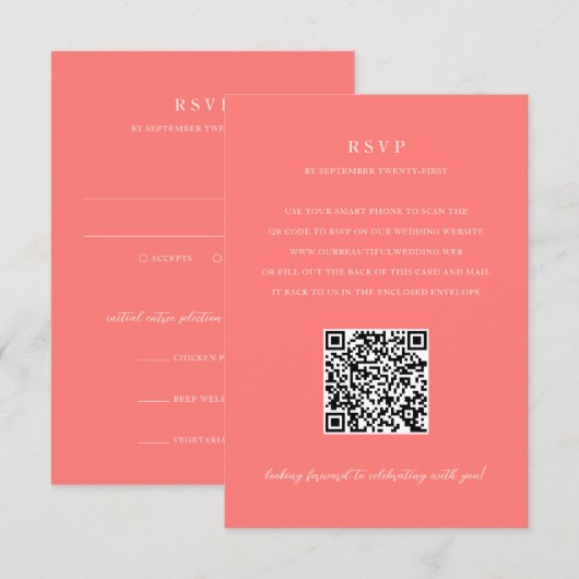 Cartons Réponse Mariage Code QR Simple Corail Vibrant Moderne Gras (Devant / Derrière)