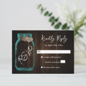 Cartons Réponse Mariage coeurs toile de jute pot mason sarcelle (Debout devant)