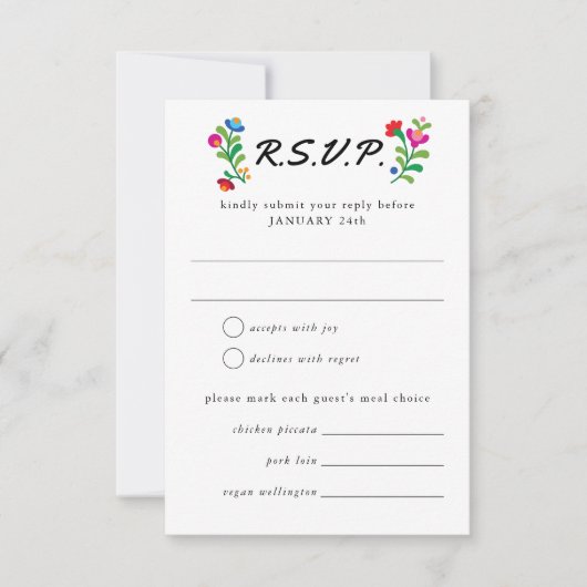 Cartons Réponse Mariage coloré de broderie mexicaine (Devant)