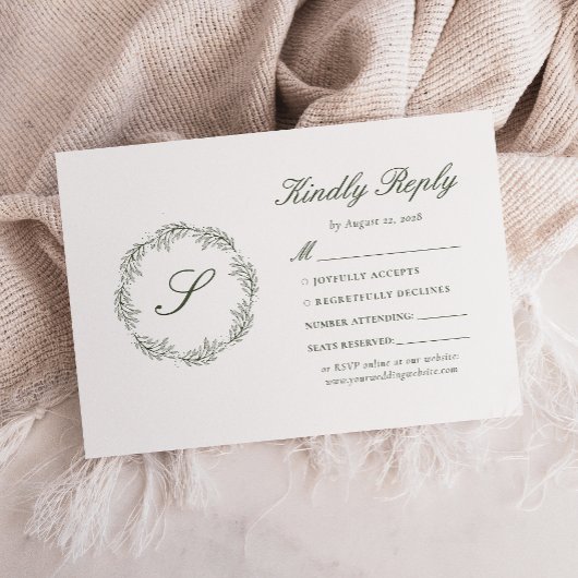 Cartons Réponse Mariage Couronne de Monogramme Vert Olive