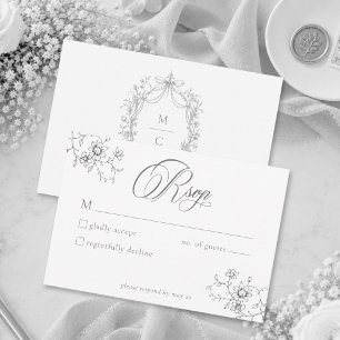 Cartons Réponse Mariage Couronne Florale Grise Noire Classique Vin