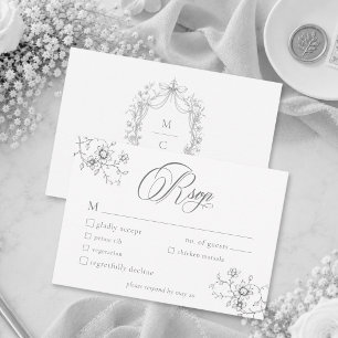 Cartons Réponse Mariage Couronne Florale Grise Noire Classique Vin