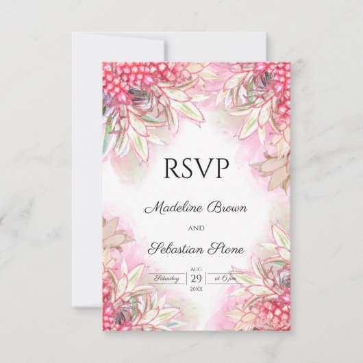 Cartons Réponse Mariage d'ananas rose exotique (Devant)