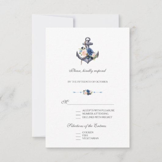 Cartons Réponse Mariage d'Ancre floral bleu rose marine (Devant)