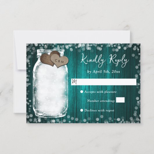 Cartons Réponse Mariage dans un pot Mason en bois de teal (Devant)