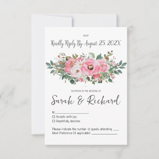 Cartons Réponse Mariage d'aquarelle de printemps rose (Devant)