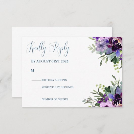 Cartons Réponse Mariage d'aquarelle florale violet et vert (Devant / Derrière)