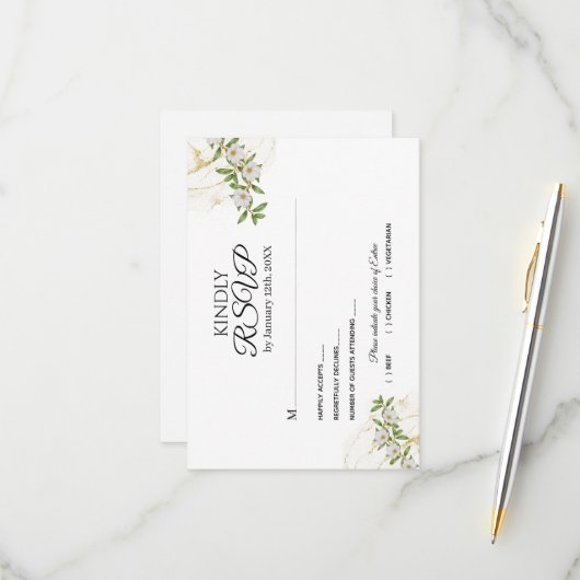 Cartons Réponse Mariage d'aquarelle moderne blanc et vert (Devant/Arrière en situation)
