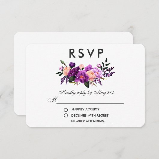 Cartons Réponse Mariage d'aquarelle violet ultra violet (Devant / Derrière)