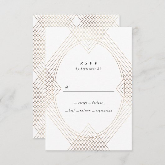 Cartons Réponse Mariage d'Art Déco Géométrique Ovale Blanc Or (Devant / Derrière)
