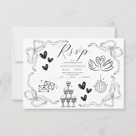 Cartons Réponse Mariage d'art gribouillé noir et blanc (Devant)