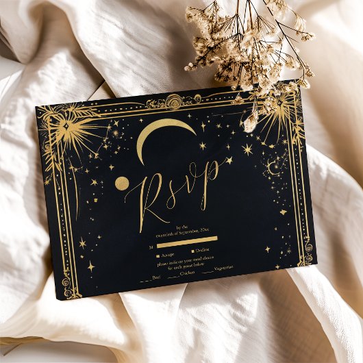 Cartons Réponse Mariage d'astronomie de la Lune d'or noir céleste