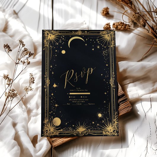 Cartons Réponse Mariage d'astronomie de la Lune d'or noir céleste