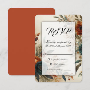 Cartons Réponse Mariage d'automne aux fleurs orange brûlé et bleue