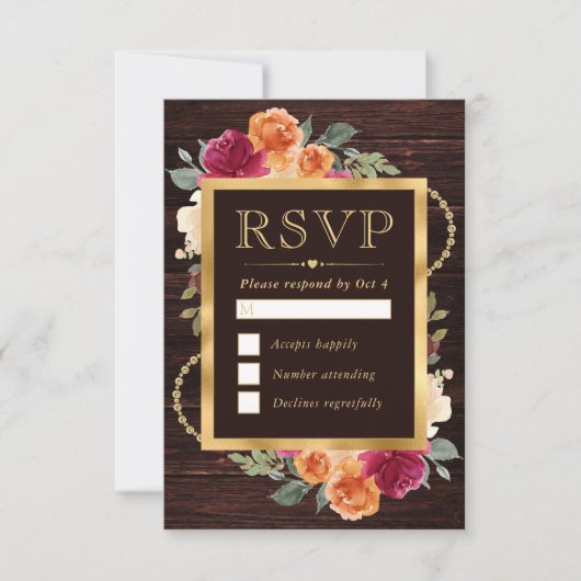 Cartons Réponse Mariage de cadres rouge et orange or (Devant)