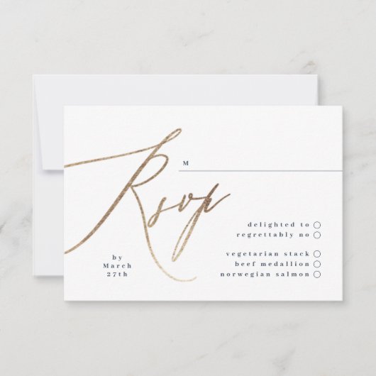 Cartons Réponse Mariage de calligraphie à huile bleu et or Marine (Devant)