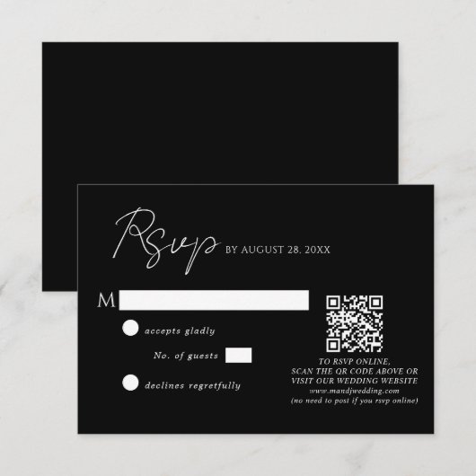 Cartons Réponse Mariage de code QR de script noir simple (Devant / Derrière)
