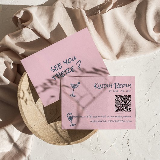 Cartons Réponse Mariage de code QR noir rose funky à main rétro