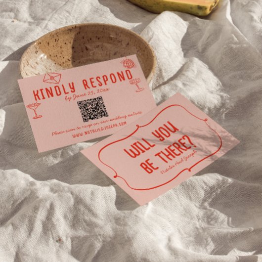 Cartons Réponse Mariage de code QR unique rouge rose main rétro